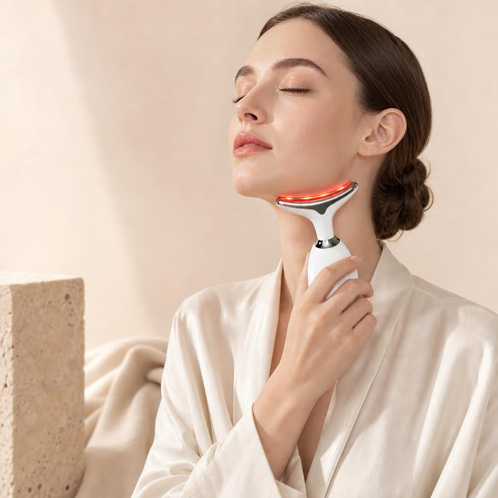 Mujer usando Lumé Sculpt en el cuello